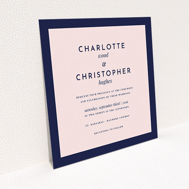 A personalised wedding invitation called "Script switch". It is a square (148mm x 148mm) invite in a square orientation. "Script switch" is available as a flat invite, with tones of navy blue and pink.