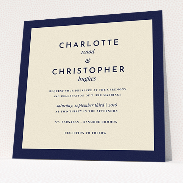 A personalised wedding invitation design titled "Script switch". It is a square (148mm x 148mm) invite in a square orientation. "Script switch" is available as a flat invite, with tones of cream and navy blue.