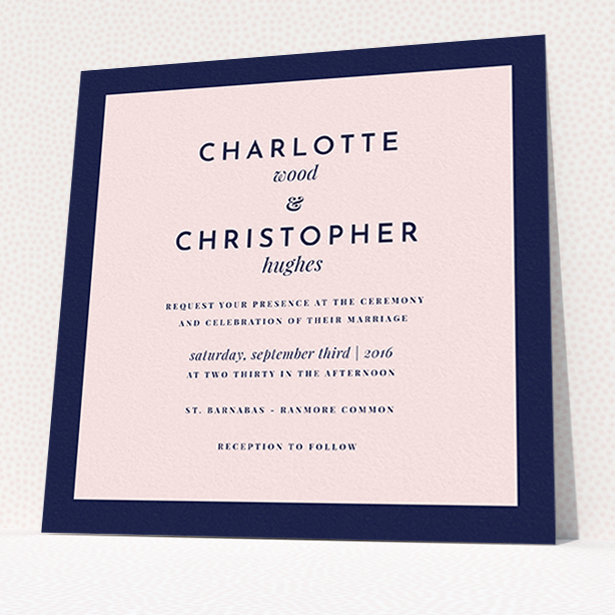 A personalised wedding invitation called "Script switch". It is a square (148mm x 148mm) invite in a square orientation. "Script switch" is available as a flat invite, with tones of navy blue and pink.
