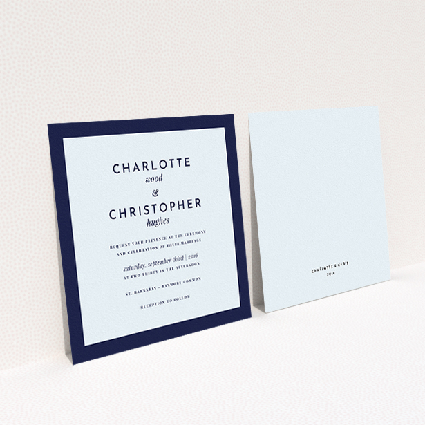 A personalised wedding invitation called "Script switch". It is a square (148mm x 148mm) invite in a square orientation. "Script switch" is available as a flat invite, with mainly blue colouring.
