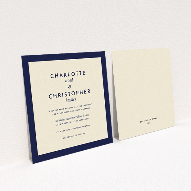 A personalised wedding invitation design titled "Script switch". It is a square (148mm x 148mm) invite in a square orientation. "Script switch" is available as a flat invite, with tones of cream and navy blue.