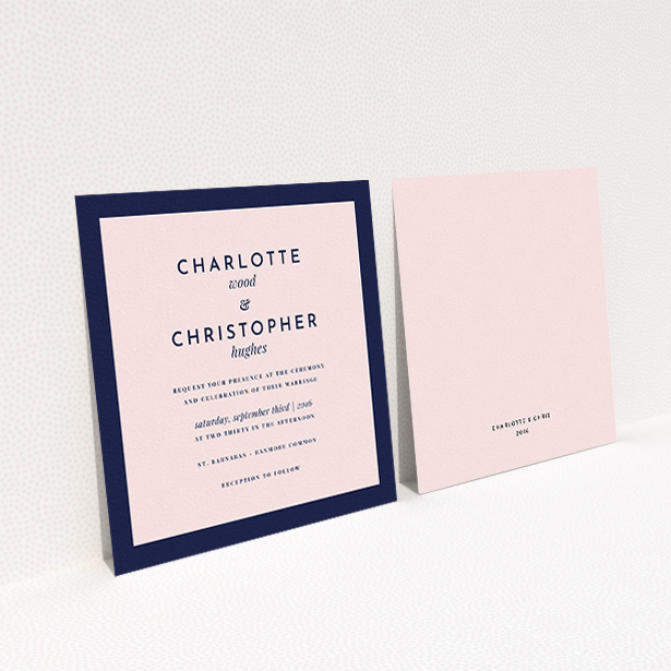 A personalised wedding invitation called "Script switch". It is a square (148mm x 148mm) invite in a square orientation. "Script switch" is available as a flat invite, with tones of navy blue and pink.