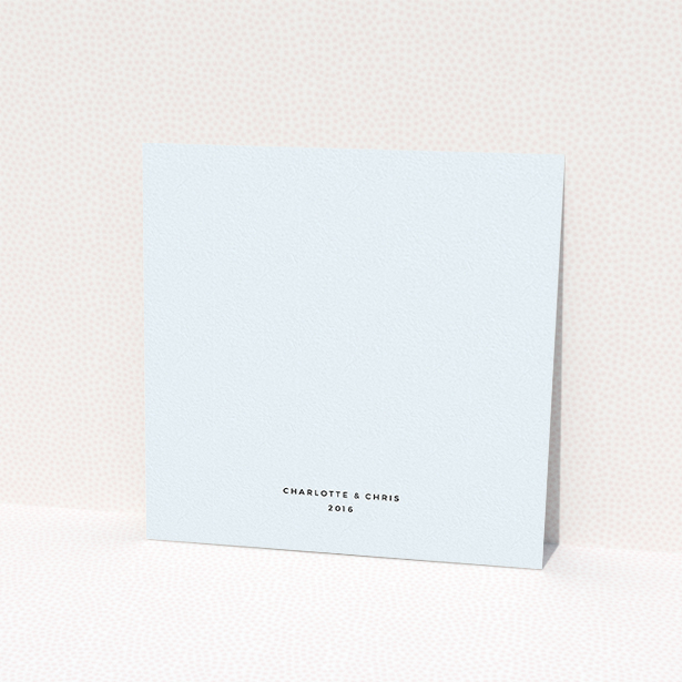 A personalised wedding invitation called "Script switch". It is a square (148mm x 148mm) invite in a square orientation. "Script switch" is available as a flat invite, with mainly blue colouring.
