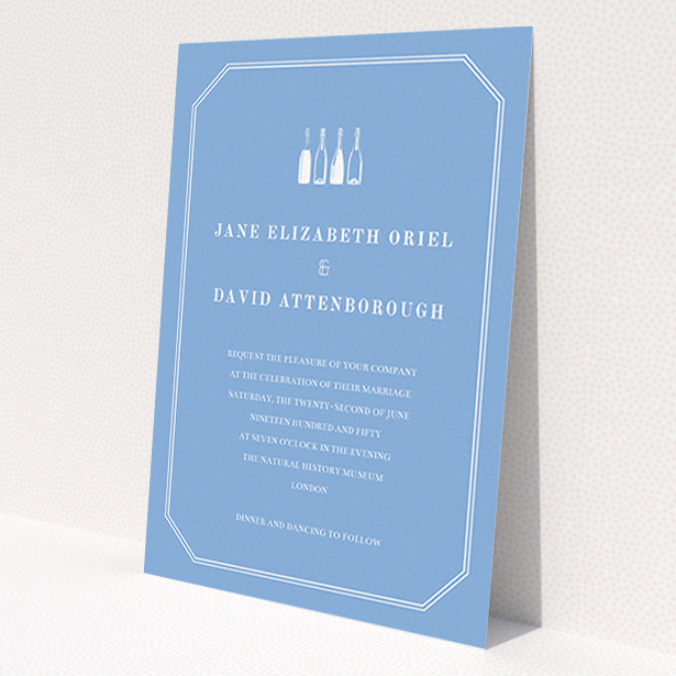 A personalised wedding invitation design named 'See you at the reception'. It is an A6 invite in a portrait orientation. 'See you at the reception' is available as a flat invite, with tones of blue and white.