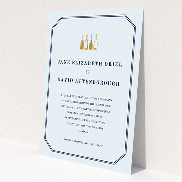 A personalised wedding invitation design called 'See you at the reception'. It is an A6 invite in a portrait orientation. 'See you at the reception' is available as a flat invite, with mainly blue colouring.
