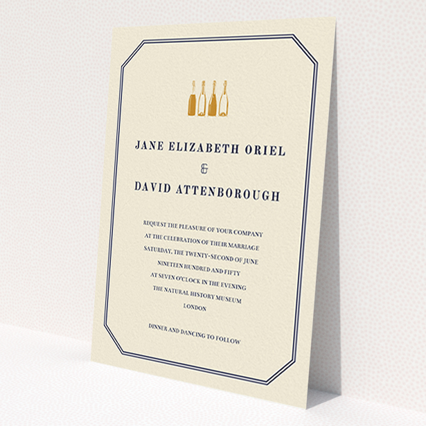 A personalised wedding invitation template titled 'See you at the reception'. It is an A6 invite in a portrait orientation. 'See you at the reception' is available as a flat invite, with tones of cream and gold.