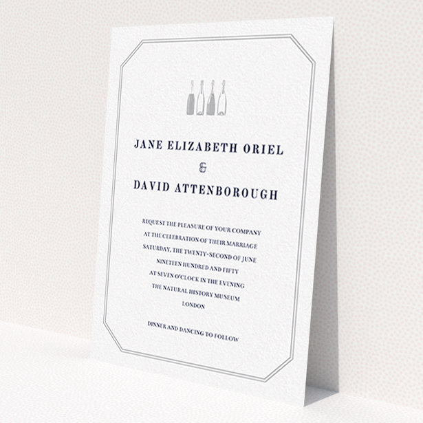 A personalised wedding invitation named 'See you at the reception'. It is an A6 invite in a portrait orientation. 'See you at the reception' is available as a flat invite, with tones of grey and white.