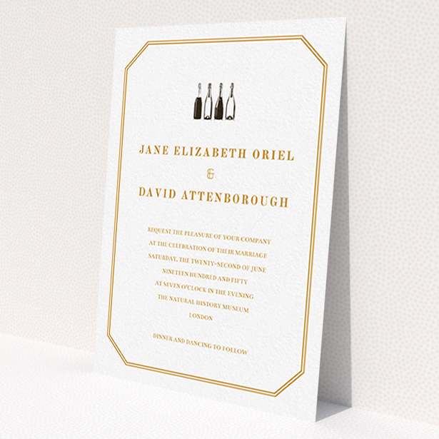 A personalised wedding invitation called 'See you at the reception'. It is an A6 invite in a portrait orientation. 'See you at the reception' is available as a flat invite, with tones of orange and white.