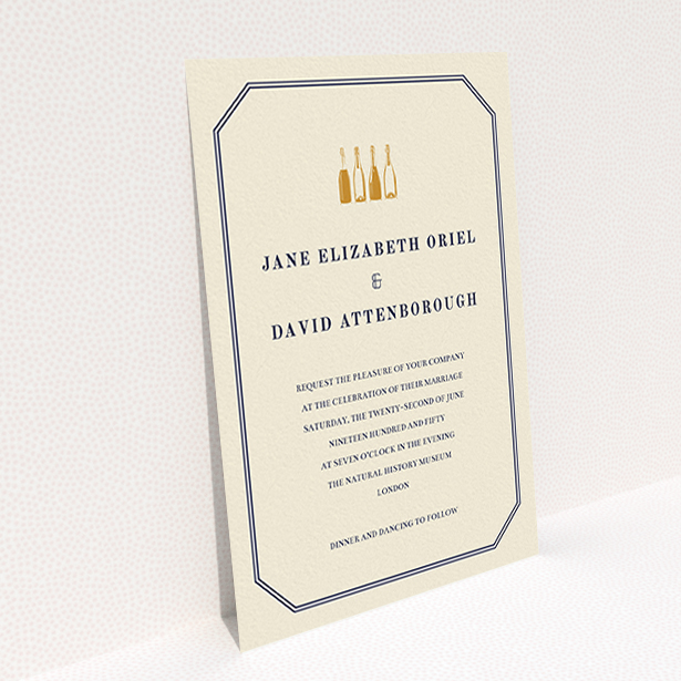 A personalised wedding invitation template titled "See you at the reception". It is an A6 invite in a portrait orientation. "See you at the reception" is available as a flat invite, with tones of cream and gold.