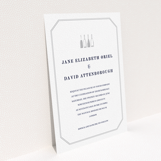 A personalised wedding invitation named "See you at the reception". It is an A6 invite in a portrait orientation. "See you at the reception" is available as a flat invite, with tones of grey and white.