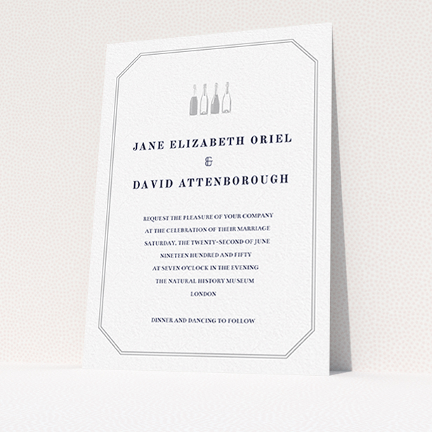 A personalised wedding invitation named "See you at the reception". It is an A6 invite in a portrait orientation. "See you at the reception" is available as a flat invite, with tones of grey and white.