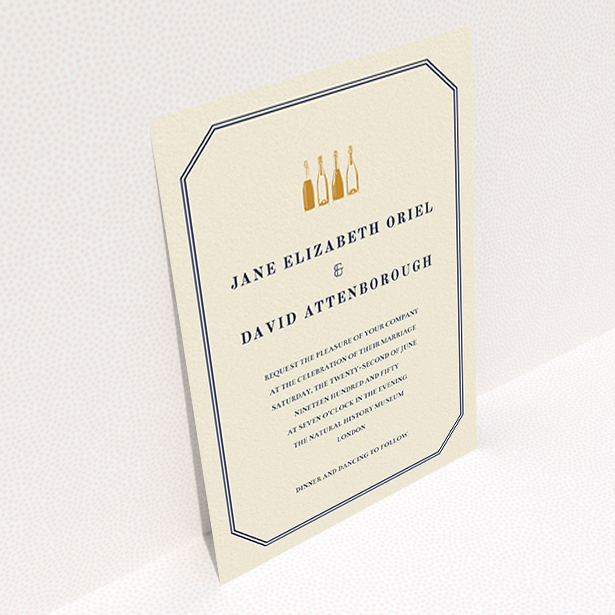 A personalised wedding invitation template titled "See you at the reception". It is an A6 invite in a portrait orientation. "See you at the reception" is available as a flat invite, with tones of cream and gold.