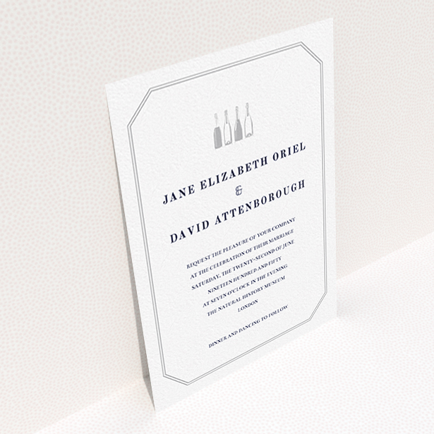 A personalised wedding invitation named "See you at the reception". It is an A6 invite in a portrait orientation. "See you at the reception" is available as a flat invite, with tones of grey and white.