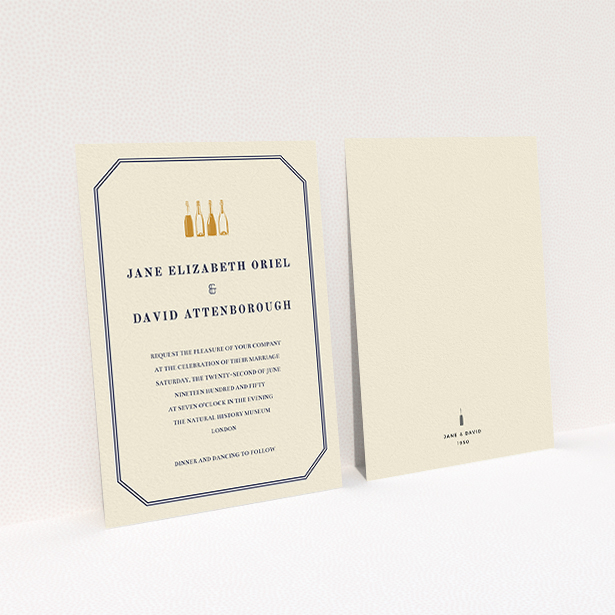 A personalised wedding invitation template titled "See you at the reception". It is an A6 invite in a portrait orientation. "See you at the reception" is available as a flat invite, with tones of cream and gold.
