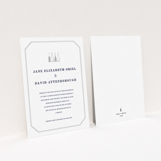 A personalised wedding invitation named "See you at the reception". It is an A6 invite in a portrait orientation. "See you at the reception" is available as a flat invite, with tones of grey and white.