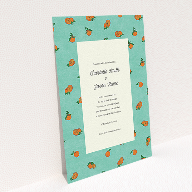 A personalised wedding invitation design named "Seville". It is an A6 invite in a portrait orientation. "Seville" is available as a flat invite, with tones of orange and blue.