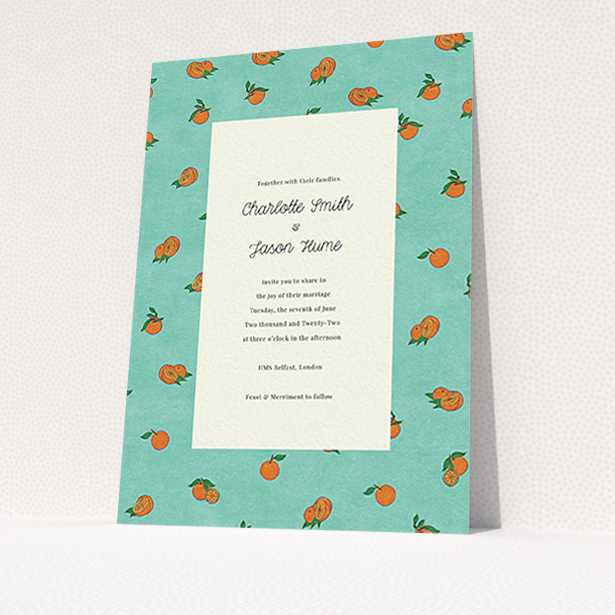 A personalised wedding invitation design named "Seville". It is an A6 invite in a portrait orientation. "Seville" is available as a flat invite, with tones of orange and blue.