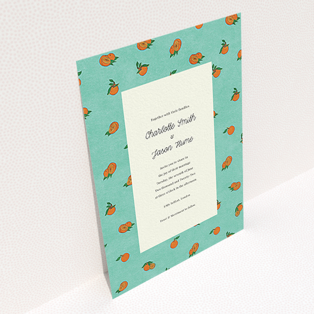 A personalised wedding invitation design named "Seville". It is an A6 invite in a portrait orientation. "Seville" is available as a flat invite, with tones of orange and blue.