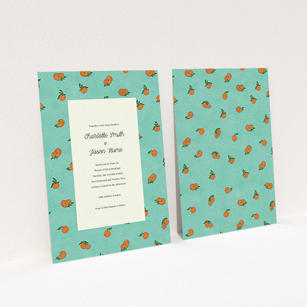 A personalised wedding invitation design named "Seville". It is an A6 invite in a portrait orientation. "Seville" is available as a flat invite, with tones of orange and blue.