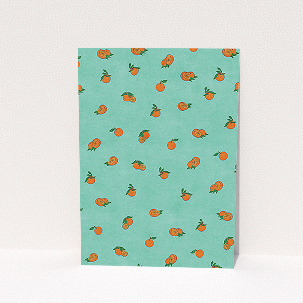 A personalised wedding invitation design named "Seville". It is an A6 invite in a portrait orientation. "Seville" is available as a flat invite, with tones of orange and blue.