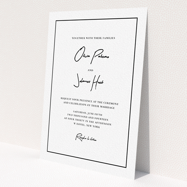 A personalised wedding invitation design named 'Signature script'. It is an A6 invite in a portrait orientation. 'Signature script' is available as a flat invite, with mainly white colouring.