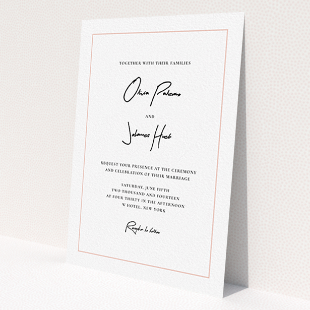 A personalised wedding invitation design called 'Signature script'. It is an A6 invite in a portrait orientation. 'Signature script' is available as a flat invite, with tones of white and pink.