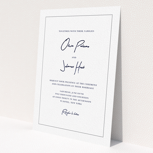 A personalised wedding invitation called "Signature script". It is an A6 invite in a portrait orientation. "Signature script" is available as a flat invite, with tones of white and grey.