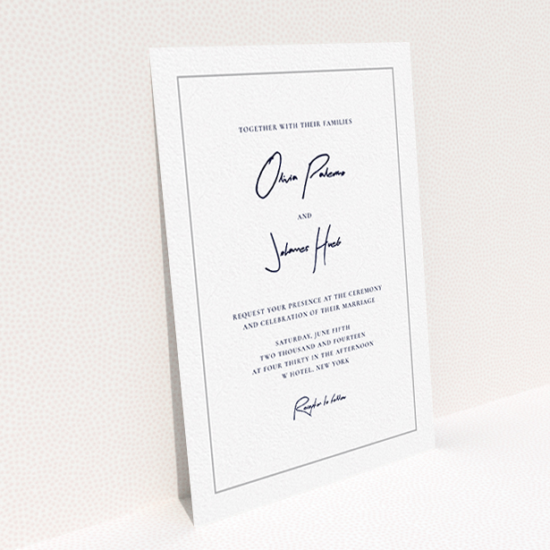 A personalised wedding invitation called "Signature script". It is an A6 invite in a portrait orientation. "Signature script" is available as a flat invite, with tones of white and grey.