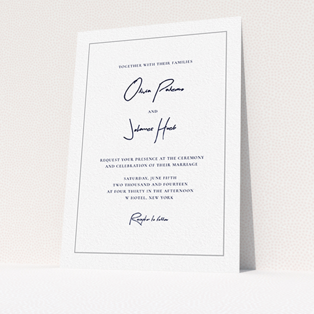 A personalised wedding invitation called "Signature script". It is an A6 invite in a portrait orientation. "Signature script" is available as a flat invite, with tones of white and grey.