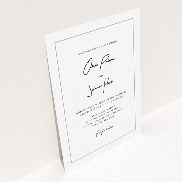 A personalised wedding invitation called "Signature script". It is an A6 invite in a portrait orientation. "Signature script" is available as a flat invite, with tones of white and grey.