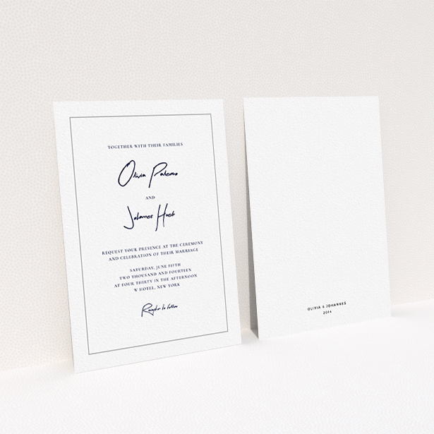 A personalised wedding invitation called "Signature script". It is an A6 invite in a portrait orientation. "Signature script" is available as a flat invite, with tones of white and grey.