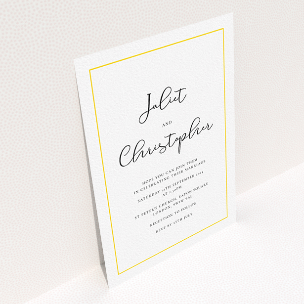 A personalised wedding invitation named "Simple As". It is an A6 invite in a portrait orientation. "Simple As" is available as a flat invite, with tones of white and yellow.