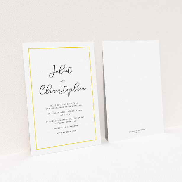 A personalised wedding invitation named "Simple As". It is an A6 invite in a portrait orientation. "Simple As" is available as a flat invite, with tones of white and yellow.