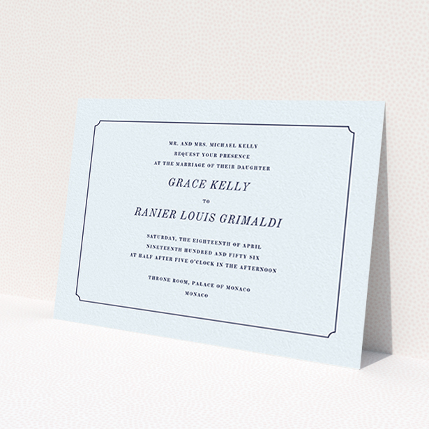 A personalised wedding invitation design named 'Simple circle border'. It is an A6 invite in a landscape orientation. 'Simple circle border' is available as a flat invite, with mainly light blue colouring.
