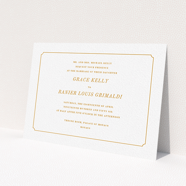 A personalised wedding invitation called 'Simple circle border'. It is an A6 invite in a landscape orientation. 'Simple circle border' is available as a flat invite, with tones of white and orange.