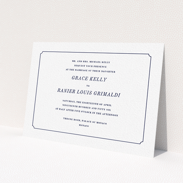 A personalised wedding invitation design titled 'Simple circle border'. It is an A6 invite in a landscape orientation. 'Simple circle border' is available as a flat invite, with mainly white colouring.