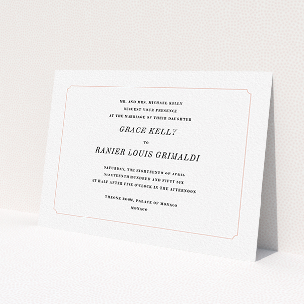A personalised wedding invitation template titled 'Simple circle border'. It is an A6 invite in a landscape orientation. 'Simple circle border' is available as a flat invite, with tones of white and pink.
