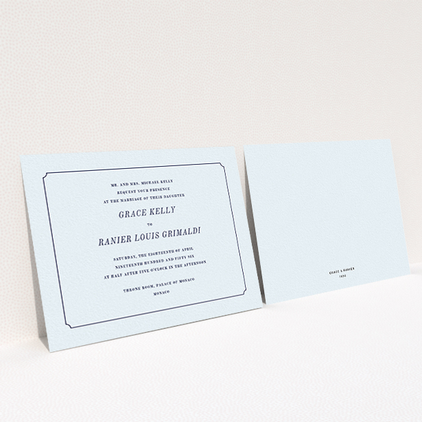 A personalised wedding invitation design named "Simple circle border". It is an A6 invite in a landscape orientation. "Simple circle border" is available as a flat invite, with mainly light blue colouring.