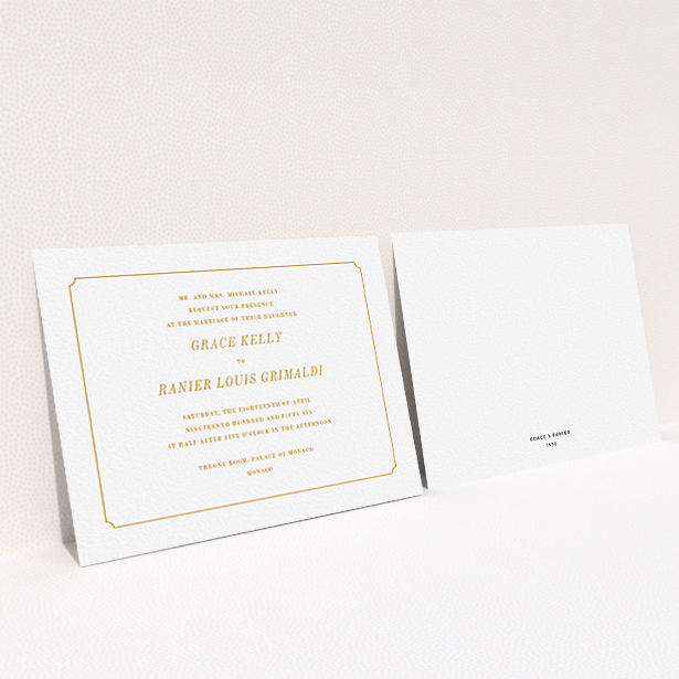 A personalised wedding invitation called "Simple circle border". It is an A6 invite in a landscape orientation. "Simple circle border" is available as a flat invite, with tones of white and orange.