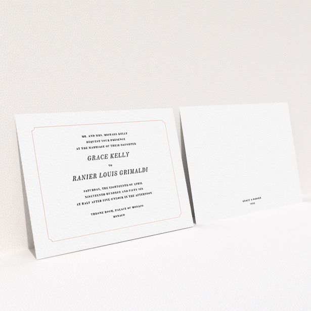 A personalised wedding invitation template titled "Simple circle border". It is an A6 invite in a landscape orientation. "Simple circle border" is available as a flat invite, with tones of white and pink.