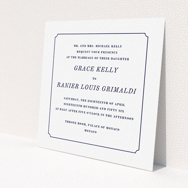 A personalised wedding invitation design named 'Simple circle border'. It is a square (148mm x 148mm) invite in a square orientation. 'Simple circle border' is available as a flat invite, with mainly white colouring.