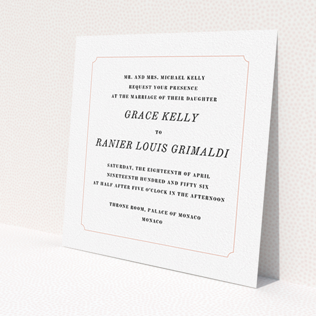 A personalised wedding invitation named 'Simple circle border'. It is a square (148mm x 148mm) invite in a square orientation. 'Simple circle border' is available as a flat invite, with tones of white and pink.