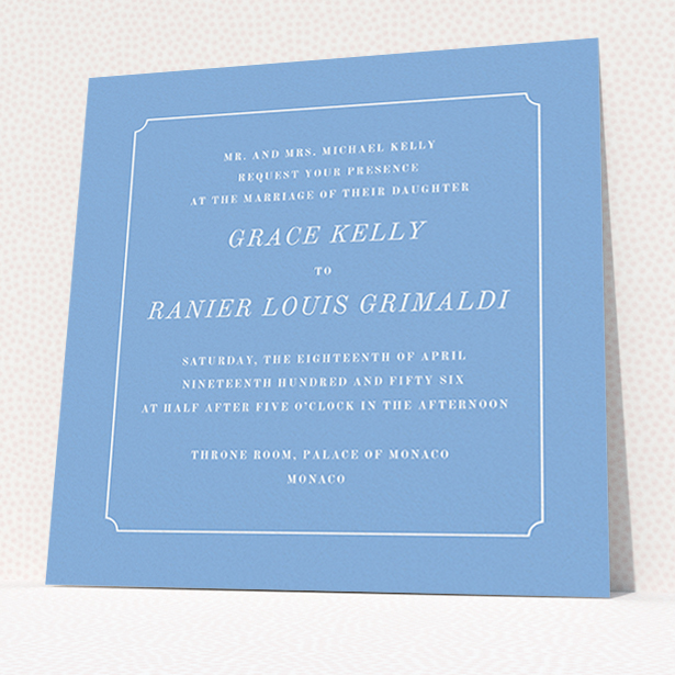 A personalised wedding invitation design called "Simple circle border". It is a square (148mm x 148mm) invite in a square orientation. "Simple circle border" is available as a flat invite, with tones of blue and white.