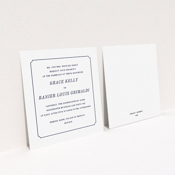 A personalised wedding invitation design named "Simple circle border". It is a square (148mm x 148mm) invite in a square orientation. "Simple circle border" is available as a flat invite, with mainly white colouring.