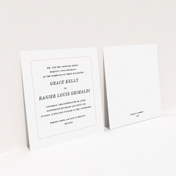 A personalised wedding invitation named "Simple circle border". It is a square (148mm x 148mm) invite in a square orientation. "Simple circle border" is available as a flat invite, with tones of white and pink.