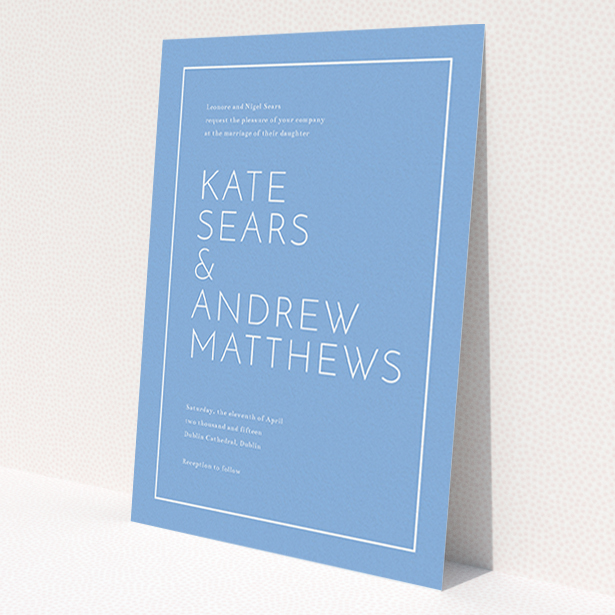 A personalised wedding invitation named 'Simple lines'. It is an A6 invite in a portrait orientation. 'Simple lines' is available as a flat invite, with tones of blue and white.