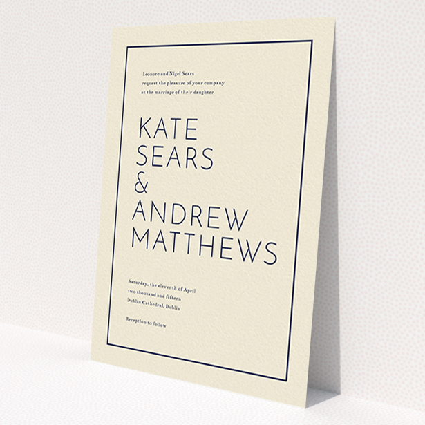 A personalised wedding invitation design titled 'Simple lines'. It is an A6 invite in a portrait orientation. 'Simple lines' is available as a flat invite, with tones of cream and navy blue.