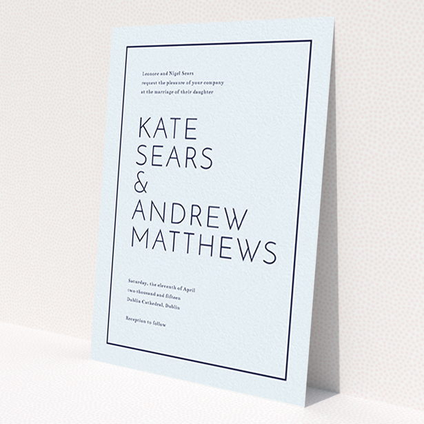 A personalised wedding invitation called 'Simple lines'. It is an A6 invite in a portrait orientation. 'Simple lines' is available as a flat invite, with mainly light blue colouring.