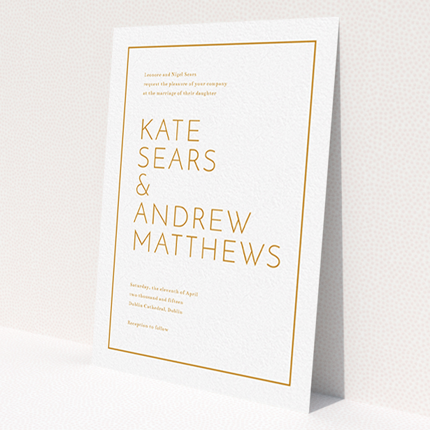A personalised wedding invitation design called 'Simple lines'. It is an A6 invite in a portrait orientation. 'Simple lines' is available as a flat invite, with tones of white and orange.