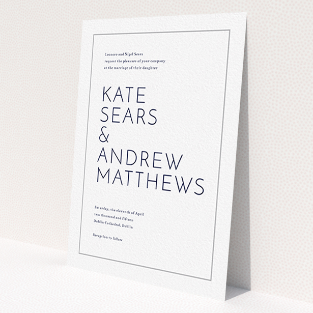 A personalised wedding invitation design named 'Simple lines'. It is an A6 invite in a portrait orientation. 'Simple lines' is available as a flat invite, with tones of white and grey.